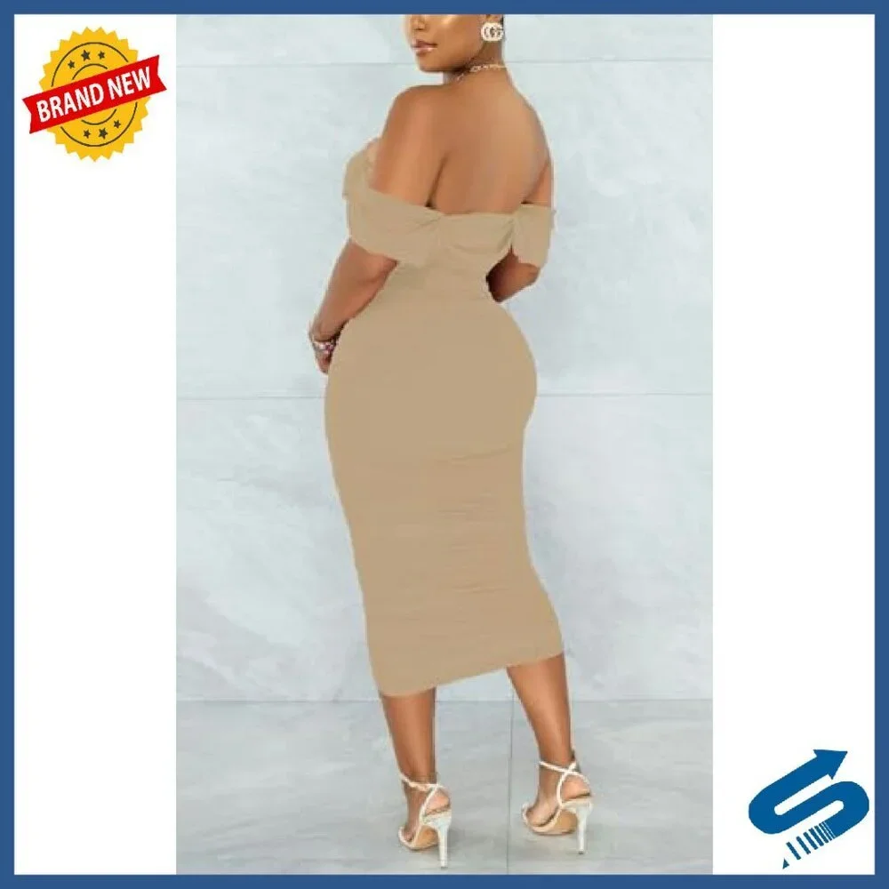 Off Shoulder Ruched Bodycon Midi Dress Cocktail Party Night Out - Picture 5 of 7